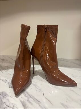 Steve Madden Brown Patent Pointed-Toe Stiletto Ankle Boots